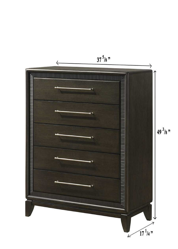 English Elm 1pc Dark Brown Chest 5-Drawer Dresser with Bar Handles & Tapered Feet, 37.3"x17.4"x50.1"H, Stylish B011P342791