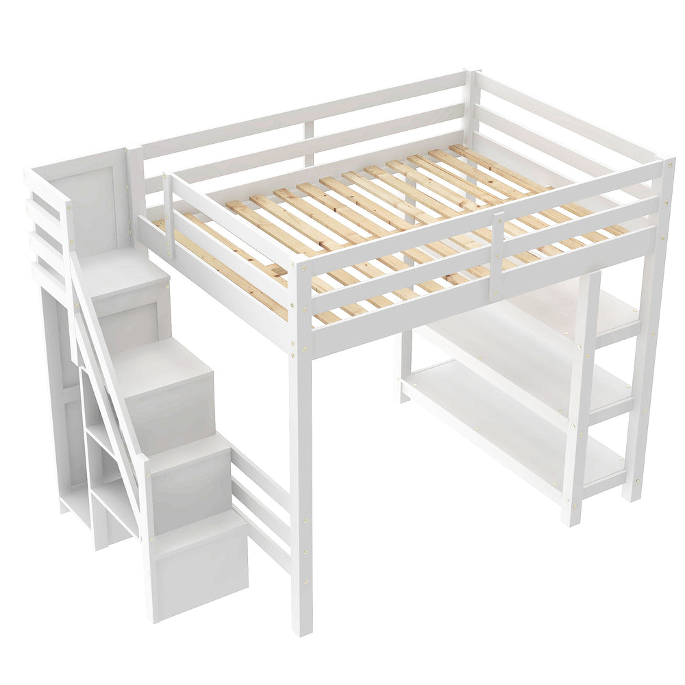 English Elm Full Size Loft Bed With Integrated Shelves, Storage Staircase, Small Wardrobe & Led Lighting N7090000472K