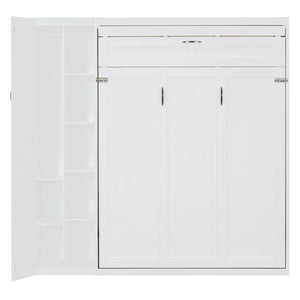 English Elm Queen Murphy Wall Bed with Led Lighting Open Shelves and Wardrobe Cabinet Storage White LP000899AAK-1