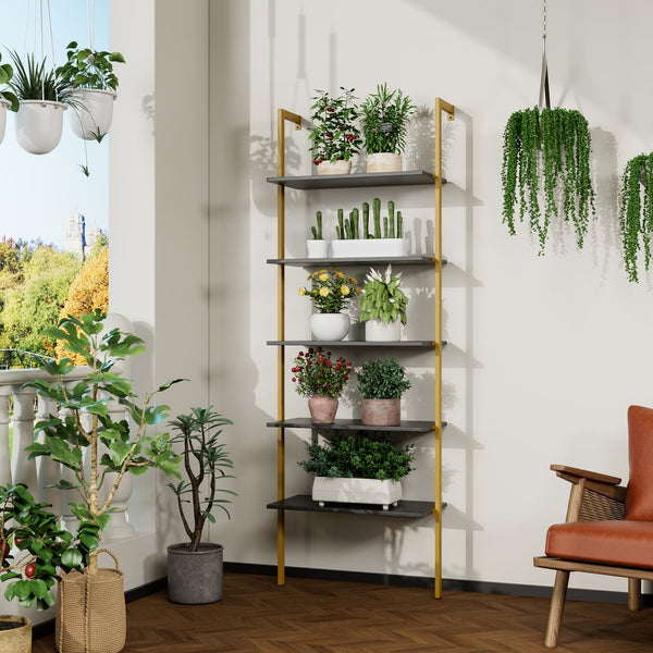 English Elm Industrial Ladder 5-Tier Wall-Mount Bookshelf with Metal Frame, MDF Shelves, Space-Saving Vertical Storage, Black/Golden Finish W578P357543