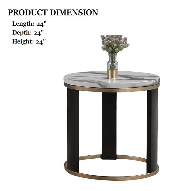 English Elm Contemporary Round End Table With Marble Top, Gold Rings, And Stylish Wooden Legs For Modern Elegance B2741P395328