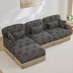 English Elm 100"comfy Chenille Leopard Print Sectional Sofa with Tassel Trim and Movable Ottoman Khaki W5656S00023