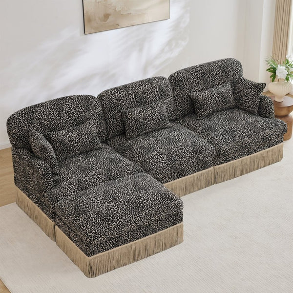 English Elm 100"comfy Chenille Leopard Print Sectional Sofa with Tassel Trim and Movable Ottoman Khaki W5656S00023