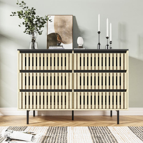 English Elm Fluted,Bedroom Six-Drawer Storage Cabinet Natural+Black | Fluted Vertical Design, Large Capacity, Modern Minimalist Front and Legs 51.96"L W2673P208587