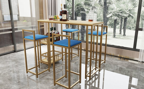 English Elm Bar Table and Four Cushioned Chairs Gold Iron Frame with Built-in Shelf Coastal Style W3064P245382