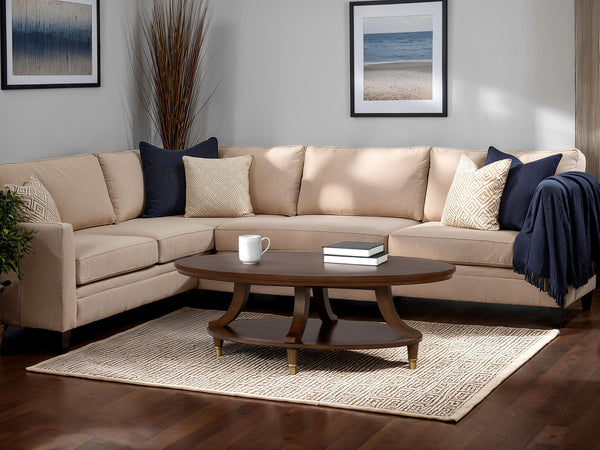 English Elm Modern Oval Cocktail Table with Dark Wood Finish, Gold-Capped Legs & Poplar Burl Trim for Living Rooms Cherry 31 L x 55 W x 7 H B2741P392075