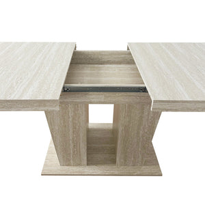 English Elm Rectangular extendable dining table with veined travertine top, beige MDF, sturdy wide feet, 6-10 seats W1347S00018