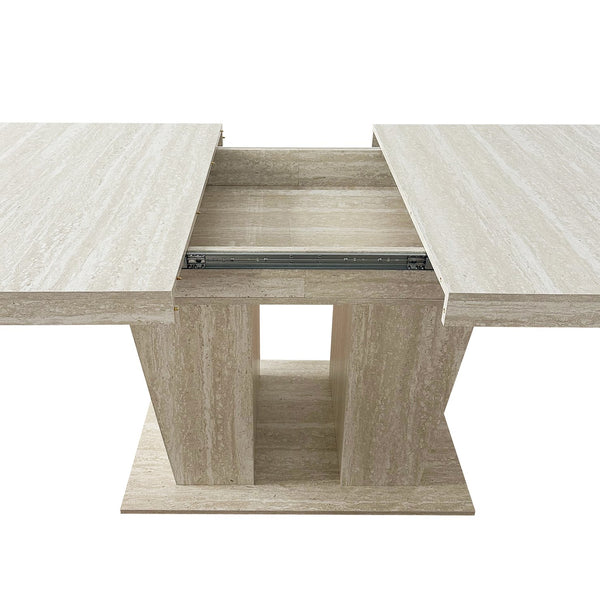 English Elm Rectangular extendable dining table with veined travertine top, beige MDF, sturdy wide feet, 6-10 seats W1347S00018