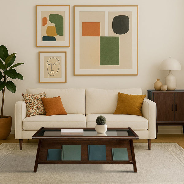 English Elm Wood and Tempered Glass Mid-century Coffee Table with Open Shelf for Living Room B035P408395