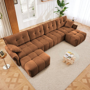 English Elm 4-seater Chenille Sofa Set with Ottomans Solid Wood Frame Tufted Living Room Burnt Orange W714S01668