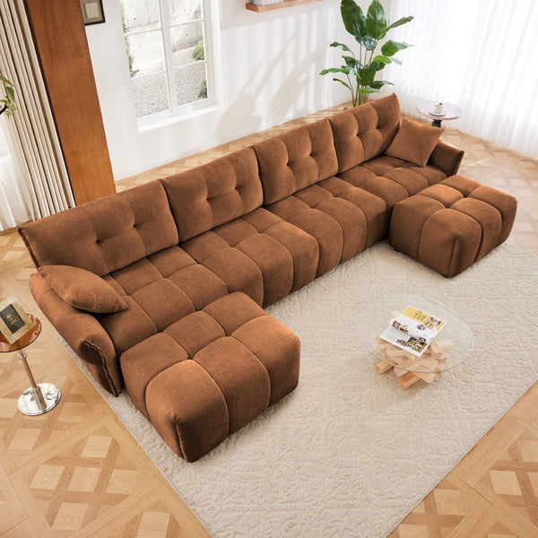 English Elm 4-seater Chenille Sofa Set with Ottomans Solid Wood Frame Tufted Living Room Burnt Orange W714S01668
