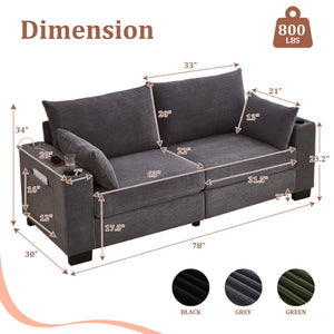 English Elm 78"corduroy Plush Three Seat Sofa with Usb Ports Cup Holders Deep Cushions Apartment Gray W3705P455918