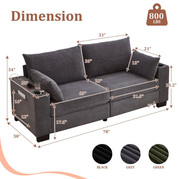 English Elm 78"corduroy Plush Three Seat Sofa with Usb Ports Cup Holders Deep Cushions Apartment Gray W3705P455918