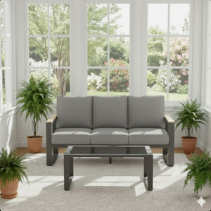 English Elm 2-piece Outdoor Aluminum Patio Sofa Set with Tempered Glass Table and Cushioned Seating Black+Grey B082P455133