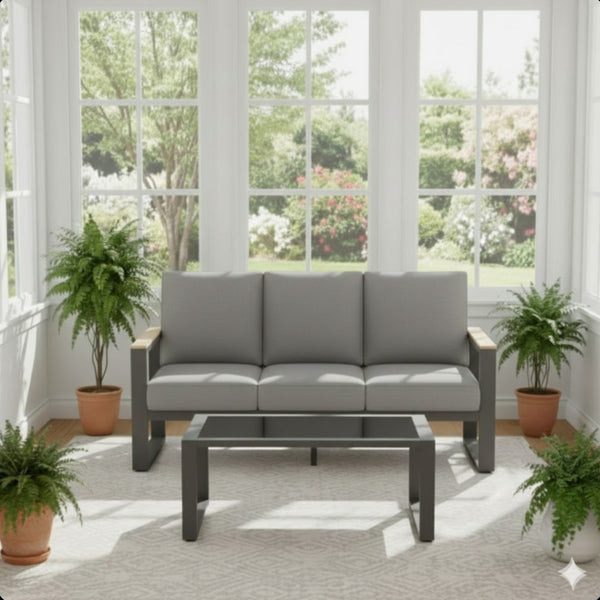 English Elm 2-piece Outdoor Aluminum Patio Sofa Set with Tempered Glass Table and Cushioned Seating Black+Grey B082P455133
