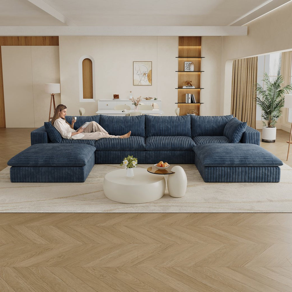 English Elm 157.6"Cloud 157.6" Cloud Sofa - Soft Corduroy Fabric, Modular Deep Seat Couch, No Assembly, Versatile Blue Design W2824S00088