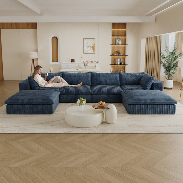 English Elm 157.6" Corduroy Modular Cloud Sofa Feather Fill Deep Lounge Seating for Living Room Blue W2824S00154