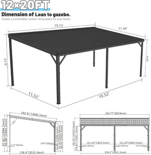 English Elm 12x20ft Lean to Hardtop Gazebo Wall Mounted Steel Roof Outdoor Shelter Deck Porch Gray W1859S00197
