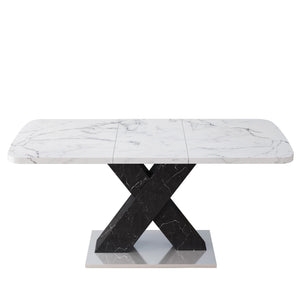 English Elm Modern Rectangle Dining Table - Stretchable White Marble Top With Black X-Leg Design For Stylish Dining W757P242764