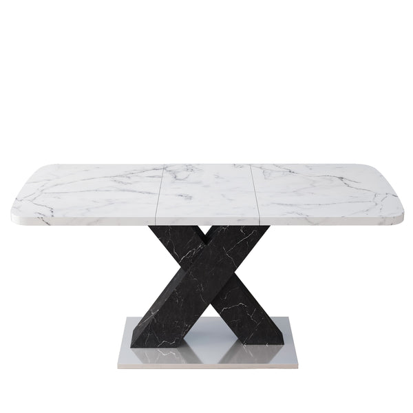 English Elm Modern Rectangle Dining Table - Stretchable White Marble Top With Black X-Leg Design For Stylish Dining W757P242764