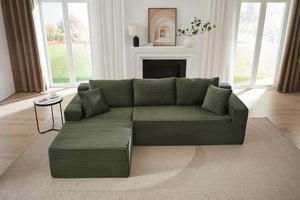 English Elm L-Shaped Cloud Sectional Sofa - Cozy Green Corduroy Modular Sleeper For Living Room & Apartment Use W2339P294930