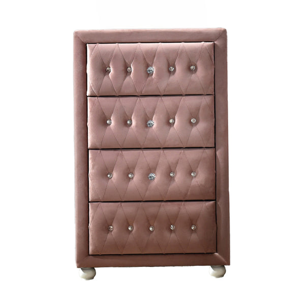 English Elm Pink 4-Drawer Chest with Crystal Knobs, Padded Case-Legs & Smooth Metal Glides for Stylish Storage B062P209049