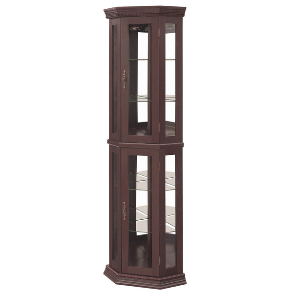 English Elm Lighted Corner Curio Cabinet - Elegant Glass Display With Adjustable Shelves & Ambient Lighting - Dark Cherry W1758P300130