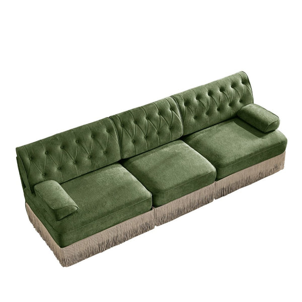 English Elm 3-seater Velvet Tufted Sofa with Tassel Fringe Skirt French Luxe Living Room Seating Green W714S01705