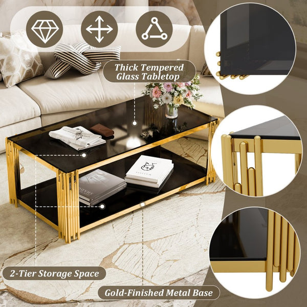English Elm Modern Glam Rectangular Coffee Table with Mirrored Top Gold Sculptural Frame Open Shelf Black N735P380099B