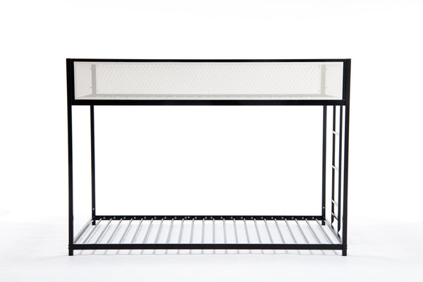 English Elm Adam Twin Over Twin Metal Bunk Bed In Black With White Mesh Guardrails - Safe, Stylish, Space-Saving! B083P170084