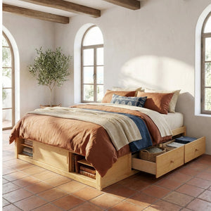 English Elm Queen Platform Bed with Four Storage Drawers Footboard Cubby Modern Low Profile Frame Natural LP000138AAN