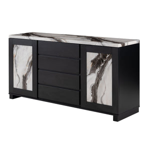 English Elm Stacey Contemporary Black Buffet with Marble Accents, Solid Wood & MDF, 4 Drawers + Doors Included B201P290554