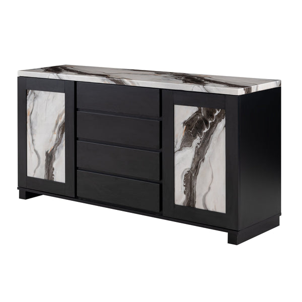 English Elm Stacey Contemporary Black Buffet with Marble Accents, Solid Wood & MDF, 4 Drawers + Doors Included B201P290554