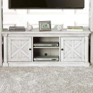 English Elm Antique Rustic Farmhouse TV Console 72"W with Sliding X-Panel Doors, Metal Accents & Open Shelves Antique White 63 L x 26 W x 10 H B2741P361967