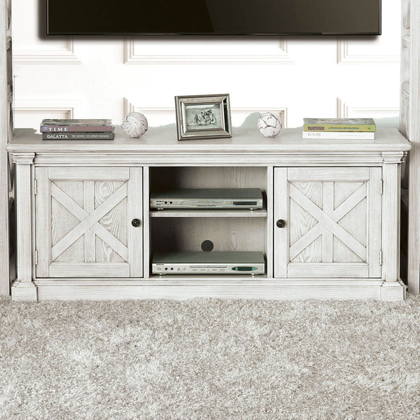 English Elm Antique Rustic Farmhouse TV Console 72"W with Sliding X-Panel Doors, Metal Accents & Open Shelves Antique White 63 L x 26 W x 10 H B2741P361967