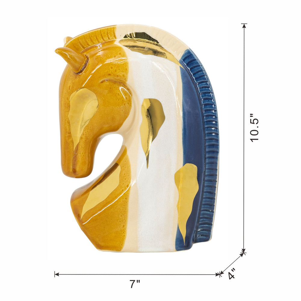 English Elm 7.2x4.1x10.6" Ceramic Horse Head Sculpture Abstract Multicolor Gold White Blue Modern Mantel Art Decor W2078P392203