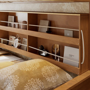 English Elm Twin Xl Over Queen Bunk Bed with Led Lighting Shelving and Pegboard Pinewood Frame Brown LT000280AAP