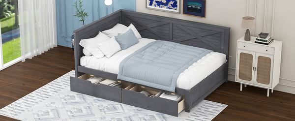 English Elm Twin Wood Daybed with 2 Drawers Rustic Guardrail in Ancient Grey — Storage Twin Bed, Pine MDF Craftsmanship, 300lb Capacity N709P179657E