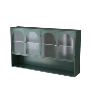 English Elm 47.25" Four-door Glass Wall Cabinet Storage - Dark Green Iron & Tempered Glass, Space-Saving Rustic Chic W757P250949