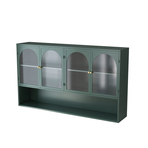 English Elm 47.25" Four-door Glass Wall Cabinet Storage - Dark Green Iron & Tempered Glass, Space-Saving Rustic Chic W757P250949