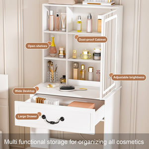 English Elm Modern Mini Dressing Table LED Vanity with Adjustable 3-Mode Brightness, Hidden Storage & Stool (White) W2699P296516