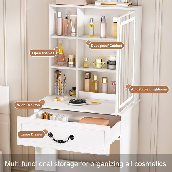 English Elm Modern Mini Dressing Table LED Vanity with Adjustable 3-Mode Brightness, Hidden Storage & Stool (White) W2699P296516