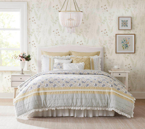 English Elm 9 Piece Cotton Percale Comforter Set - Timeless Yellow Cottage Charm With Elegant Paisley Design B03597197