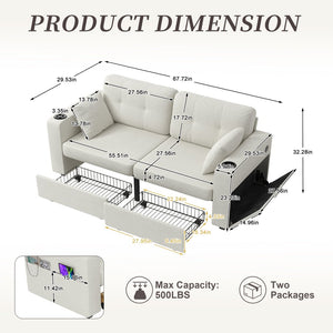 English Elm Sofas for Living Room Chenille Three Seat Couch with Usb Charging Storage and Cup Holder Beige W395S00142