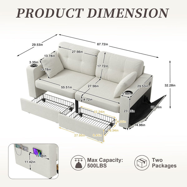 English Elm Sofas for Living Room Chenille Three Seat Couch with Usb Charging Storage and Cup Holder Beige W395S00142
