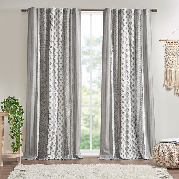 JLA Home INK+IVY - Cotton Geometric Printed Curtain Panel with Tufted Chenille Stripe, Lightweight Lining & OEKO‑TEX Certified Gray II40-1293