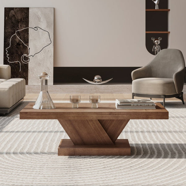 English Elm 47" X-base Oak Wash Coffee Table Solid Veneer Sculptural Frame for Living Room Walnut W1435P337639
