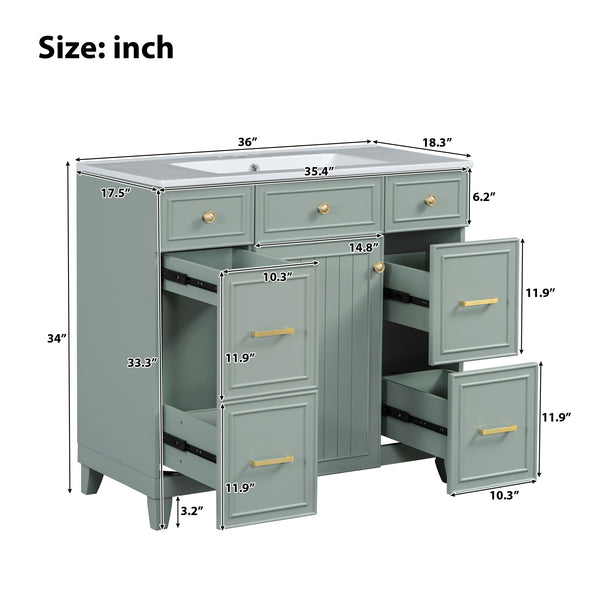 English Elm 36" 36-inch Transitional Bathroom Vanity with Ceramic Basin, Solid Wood Frame, Soft-Close Storage Elegance Green N729P255663G