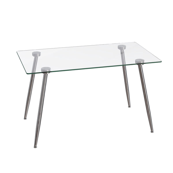 English Elm Glass Tempered Dining Table with 8mm Rectangular Top and Silver Metal Legs, Minimal Modern Centerpiece W3732P356644