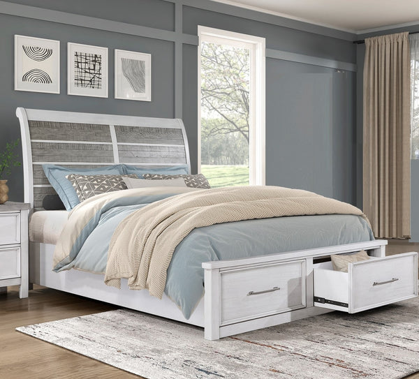 English Elm Antique Ambrose Queen Platform Bed with Footboard Storage Drawers Rustic Acacia Veneer Finish Antique Gray,Antique White 67.25 L x 43.75 W x 7.75 H B011S01450